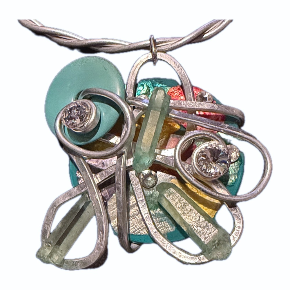 Jeff Lieb Artisan Mixed Media Wire Wrap Pendant Choker Silver Teal 14" OS